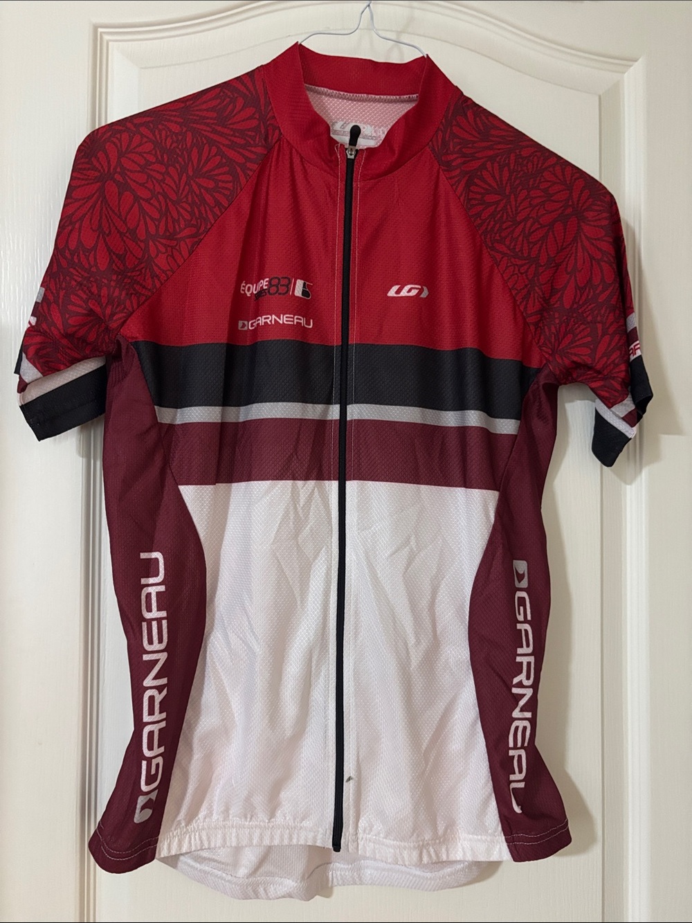 Garneau Red White Cycling Jersey with Floral Shoulder Detail